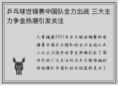 乒乓球世锦赛中国队全力出战 三大主力争金热潮引发关注
