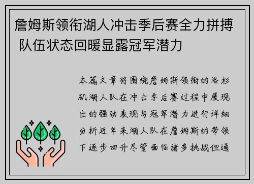 詹姆斯领衔湖人冲击季后赛全力拼搏 队伍状态回暖显露冠军潜力