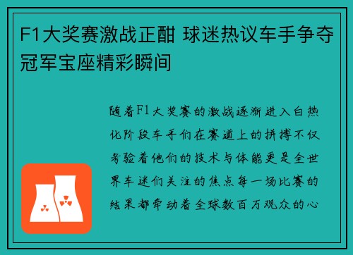 F1大奖赛激战正酣 球迷热议车手争夺冠军宝座精彩瞬间