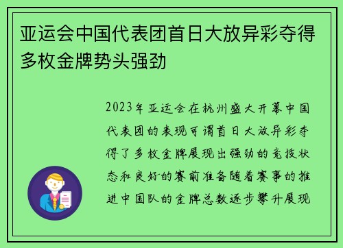 亚运会中国代表团首日大放异彩夺得多枚金牌势头强劲