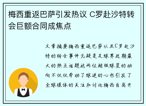 梅西重返巴萨引发热议 C罗赴沙特转会巨额合同成焦点